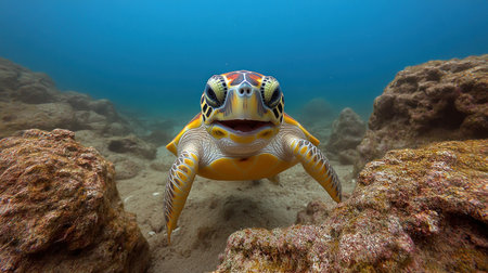 A vibrant sea turtle swims near rocks in clear blue water.の素材