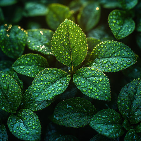 Leafy greens sparkle with water droplets, showing nature's beauty after the rain.の素材