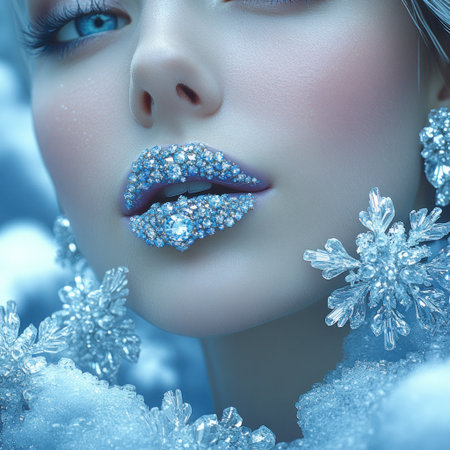 Close up of a person with shimmering lips and ice like decorations, exuding winter charm.の素材
