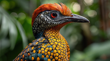 Bird flaunts vivid feathers of orange, yellow, and blue while resting amidst greenery.の素材