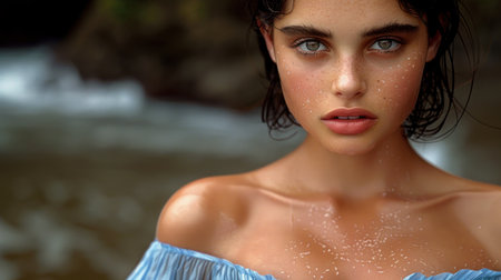 Young woman looks at the camera, water droplets on her skin, beach behind her.の素材