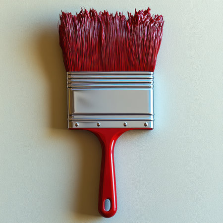 A vibrant red paintbrush with bright bristles stands out on a plain surface.の素材