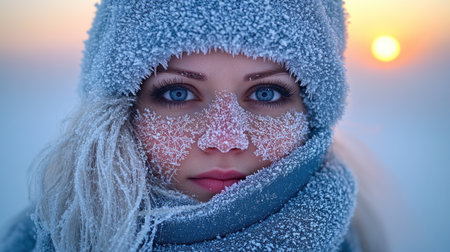 Young woman with frost on her face gazes into the distance during a chilly sunrise.の素材