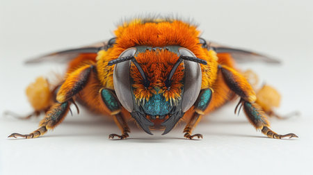 Brightly colored bee reveals stunning features under soft sunlight on a smooth surface.の素材