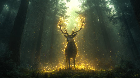 A majestic stag with glowing antlers dazzles in a softly lit mystical forest.の素材