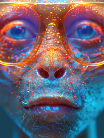 A glowing humanoid figure with luminous skin and stylish glasses.の素材