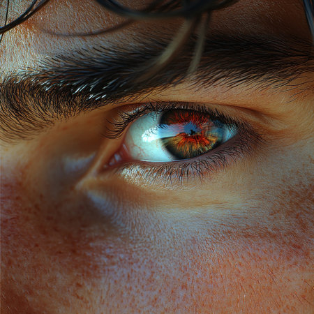 A close up reveals the intricate, colorful details of a human eye.の素材