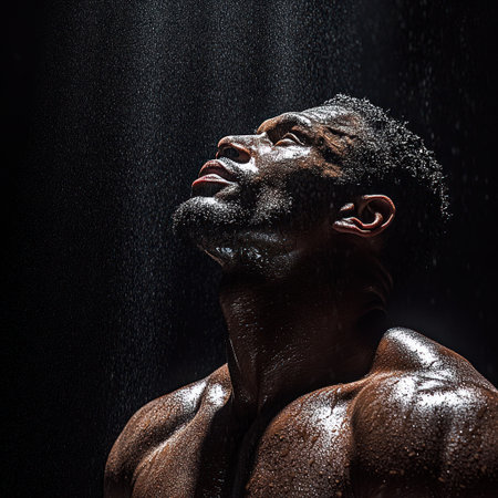 A muscular figure connects with nature while standing in the water.の素材