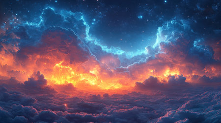 Bright clouds shimmer with hues of orange and blue as the sun sets over the horizon.の素材