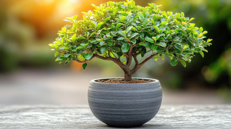 Lush green leaves of a bonsai tree shine under golden sunlight in a serene garden setting.の素材