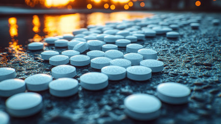 White tablets are strewn across the glistening asphalt, reflecting fading sunlight.の素材