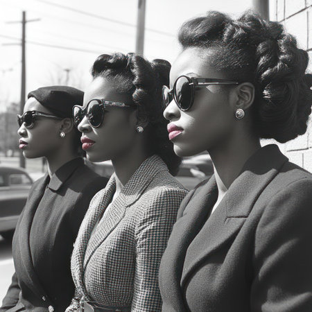 Three stylish women in vintage outfits and sunglasses enjoy their time out.の素材