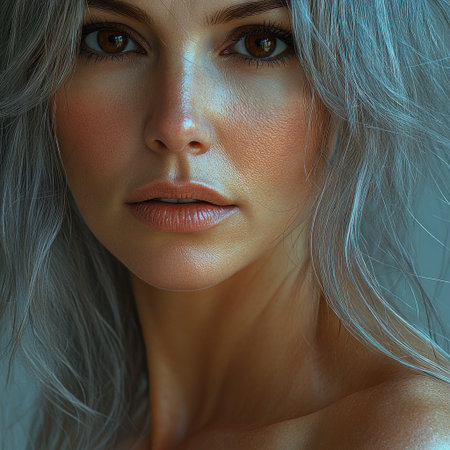 A woman with striking silver hair gazes directly at the viewer with an intense expression.の素材