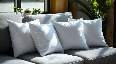 Bright sunlight shines on white pillows placed on a stylish gray sofa in a cozy room.の素材