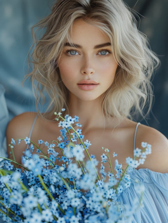 A graceful woman with flowing hair holds a bouquet of delicate blue flowers.の素材