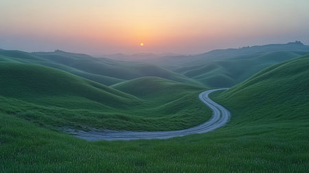 A quiet road meanders through vibrant green hills as the sun rises softly above.の素材