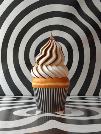 Swirled ice cream sits atop a cupcake in a striking black and white setting.の素材