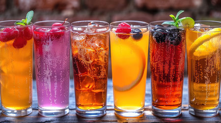 Six colorful drinks with fresh fruit garnishes served at a lively outdoor event.の素材