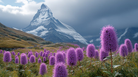 Vibrant purple blooms stand tall in a peaceful meadow surrounded by towering peaks.の素材