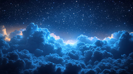 Stars shimmer brightly above fluffy clouds on a tranquil night, an awe inspiring scene.の素材