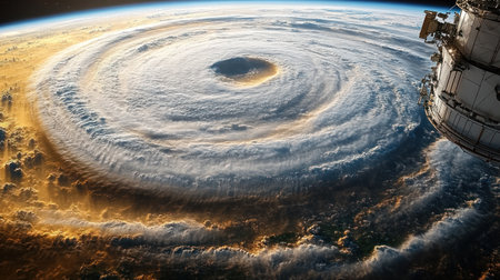 A stunning view of a hurricane's spiral bands seen from space at sunrise.の素材