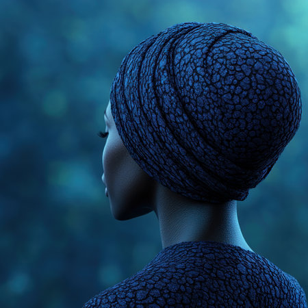 A woman with a wrapped headscarf is viewed from behind in a serene bluish glow.の素材