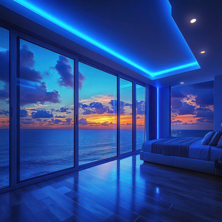 A tranquil sunset casts blue hues over the ocean and fills the room.の素材