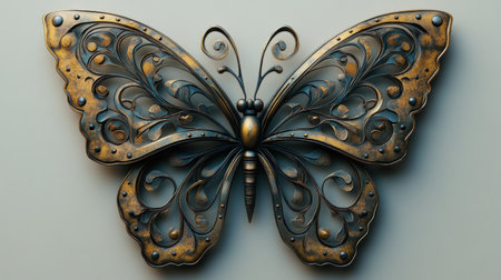 A striking metal butterfly with intricate patterns stands out against a soft background.の素材