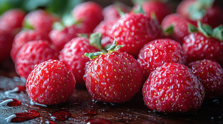 Bright red strawberries glisten with morning dew on a rustic wooden surface.の素材