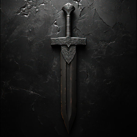 An ornate sword rests on a dramatic black surface, evoking tales of valor.の素材