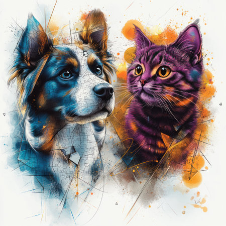 Captivating artwork features a dog and a cat together, illustrating their bond creatively.の素材