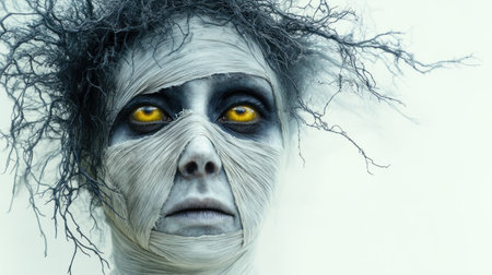 A person becomes a mummy with bandages, wild hair, and glowing yellow eyes.の素材