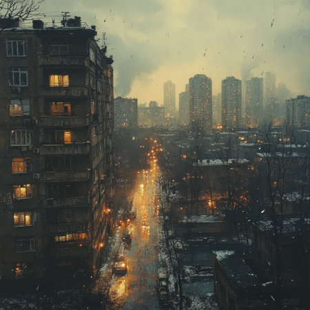 Raindrops fall gently as twilight envelops the cityscape, illuminating the streets.の素材