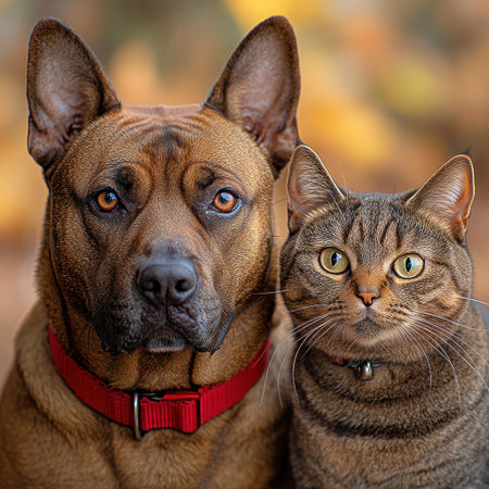 A dog and a cat sit side by side, enjoying the autumn sunshine and colorful leaves.の素材