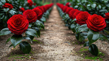 Bright red roses line the garden walkway, enchanting all who pass by.の素材