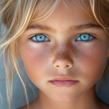 Young child with striking blue eyes and freckles enjoys warm sunlight at home.の素材