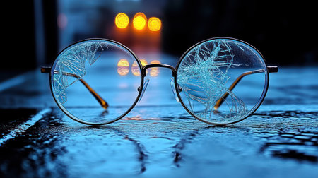 Broken glasses rest on a rainy surface, capturing blurred city lights in the backgroundの素材