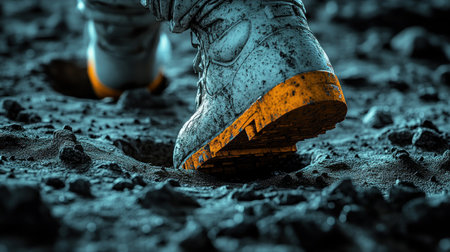 A person strides confidently on rocky ground, leaving footprints in a surreal landscape.の素材