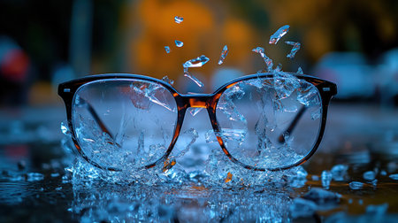 Glasses rest on glass shards, framed by autumn hues at twilight, adding depth.の素材