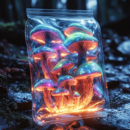 Colorful mushrooms glow inside a transparent jar, surrounded by dark forest scenery.の素材