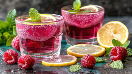 Two sparkling drinks with mint and lemon slices sit beside fresh raspberries and lemons.の素材