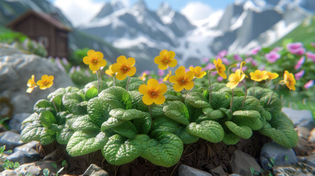 Bright yellow flowers thrive among lush green leaves in the stunning mountain scenery.の素材