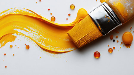 Bright yellow paint flows artistically, with droplets adding texture and creativity.の素材