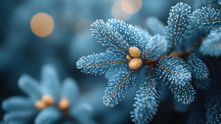 Frosty evergreen branches display delicate needles and golden cones in winter light.の素材