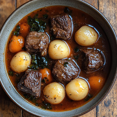 Warm beef stew combines tender meat, soft potatoes, and colorful carrots in rich broth.の素材