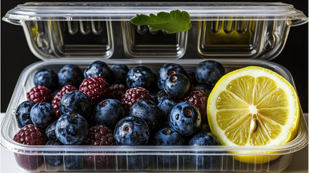 Colorful berries and a slice of lemon fill a clear container for a refreshing treat.の素材