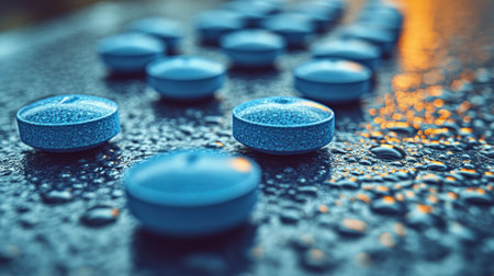 Blue tablets lie on a wet surface, glistening in the warm light of sunset.の素材