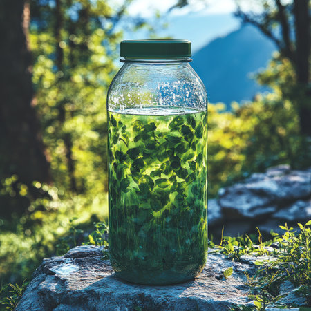 A large glass jar filled with fresh herbs catches sunlight in a tranquil forest setting.の素材