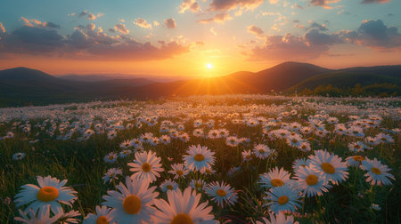 Daisies bloom in a lush valley as a warm sunset bathes the landscape in golden light.の素材