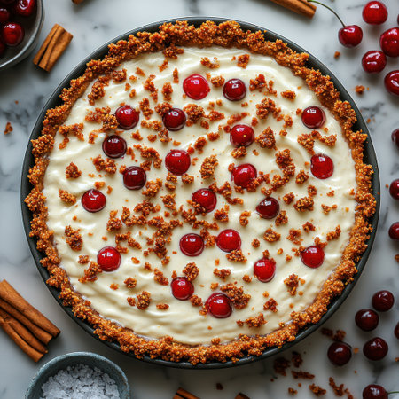 Creamy cheesecake features bright cherries and a crunchy topping on a marble surface.の素材